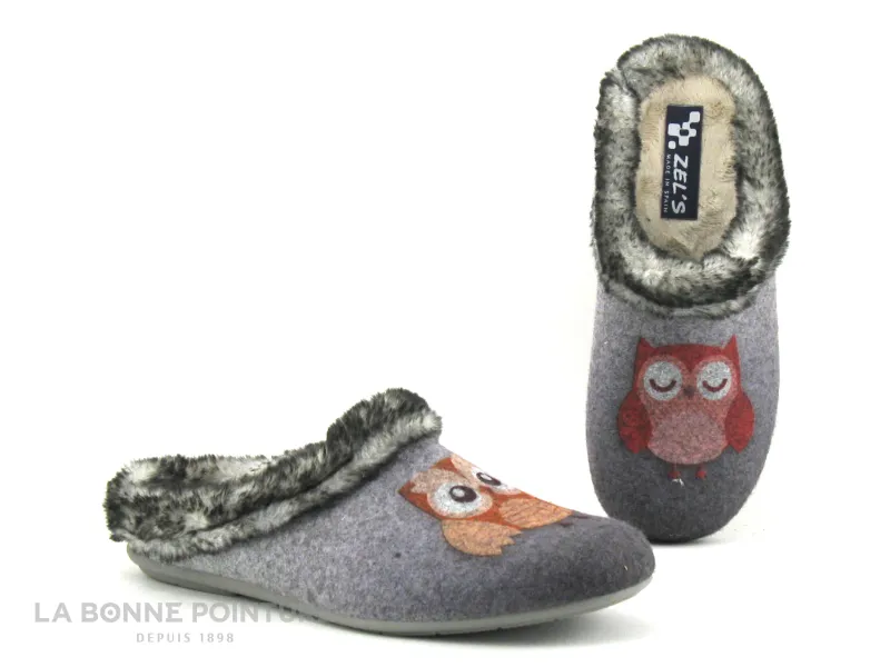 Achat chaussures ZEL'S Femme Pantoufle Chausson, vente Zels 4313 Hibou - Gris - Fourrure - Pantoufle mule F