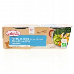 BABYBIO Repas du Midi - Petits bols Pommes de terre, épinard, saumon à l'aneth dès 8 mois 2x200g
