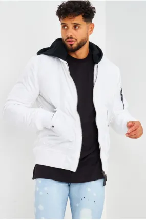 Bomber épais blanc avec capuche noire en coton amovible
