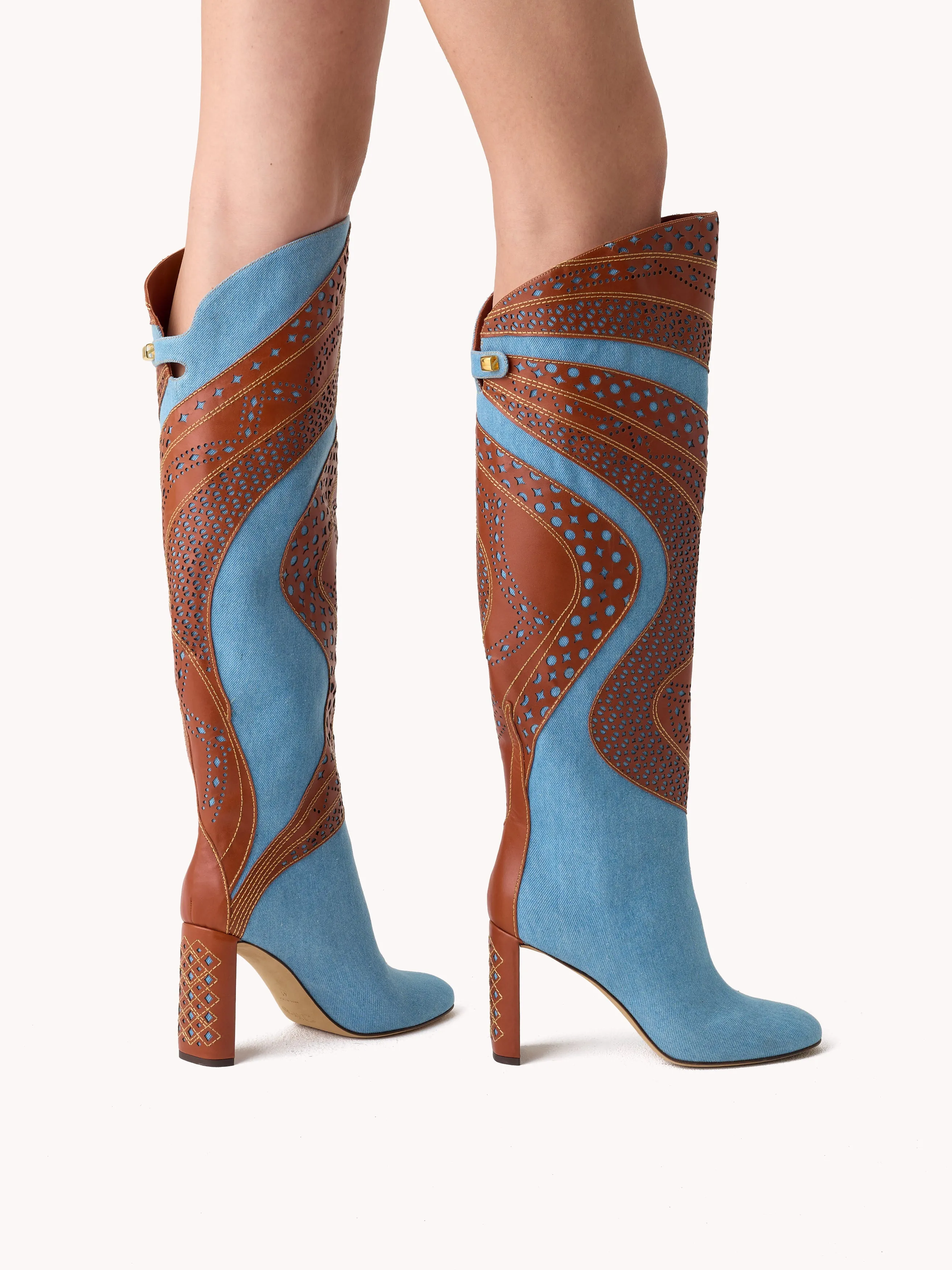 Bottes à talons Aurora Luc en patchwork denim et cuir marron