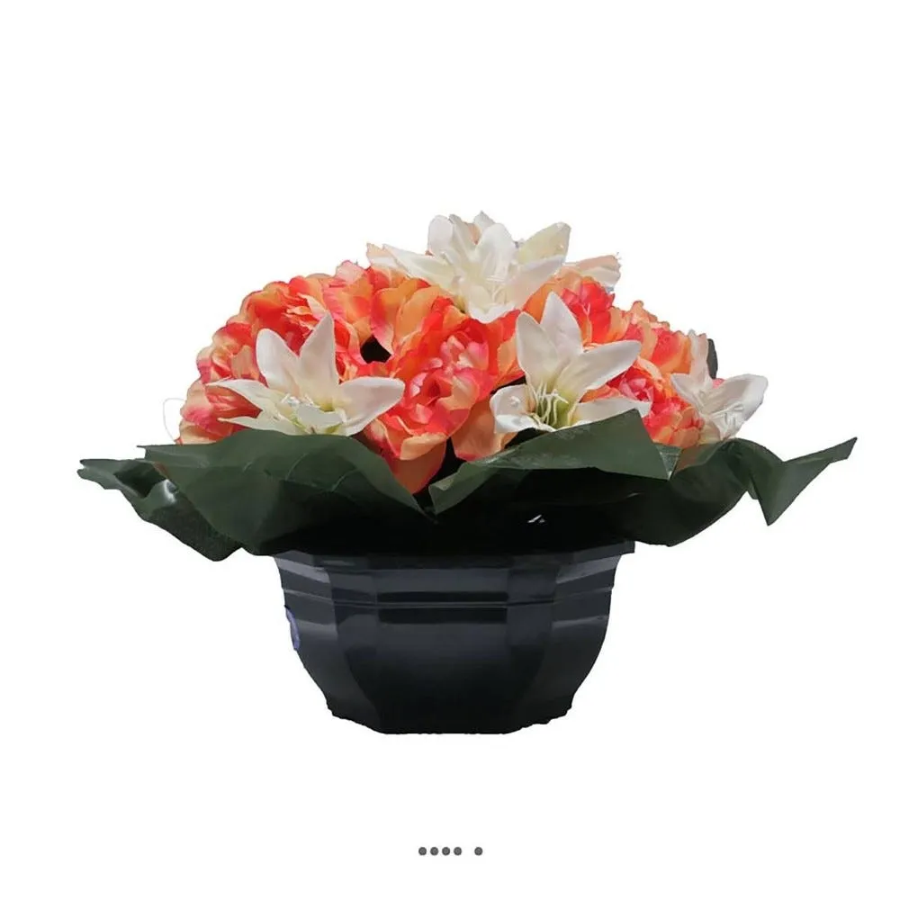 Coupe fleurs artificielles cimetière pivoines et lys Ø39cm rose saumon