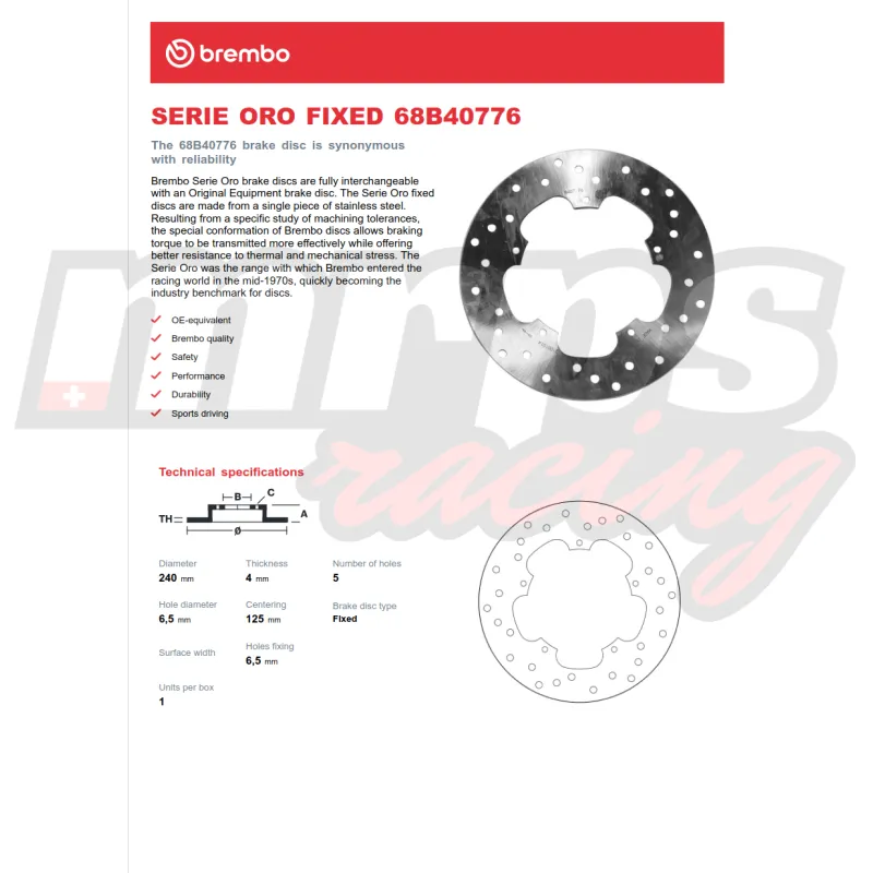 Disque de frein Brembo Serie Oro Fixed 68.B407.76