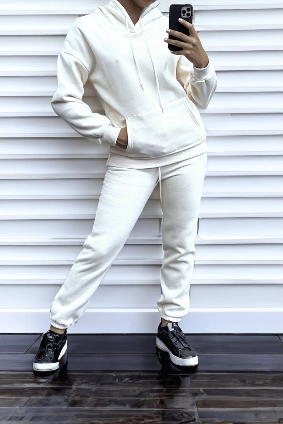 Ensemble 3 pièces doudoune sweat et jogging super épais en beige