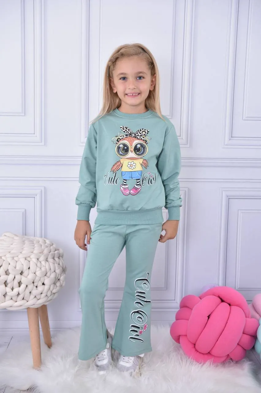 Ensemble pantalon bas évasé et chandail imprimé hibou  pour fille de 3 à 10 ans