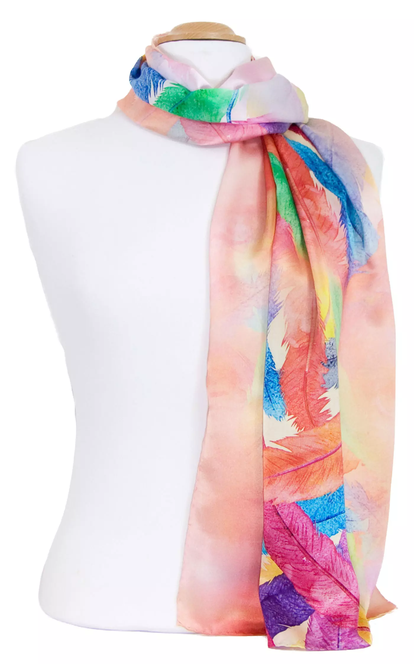 Foulard écharpe soie rose saumon plumes