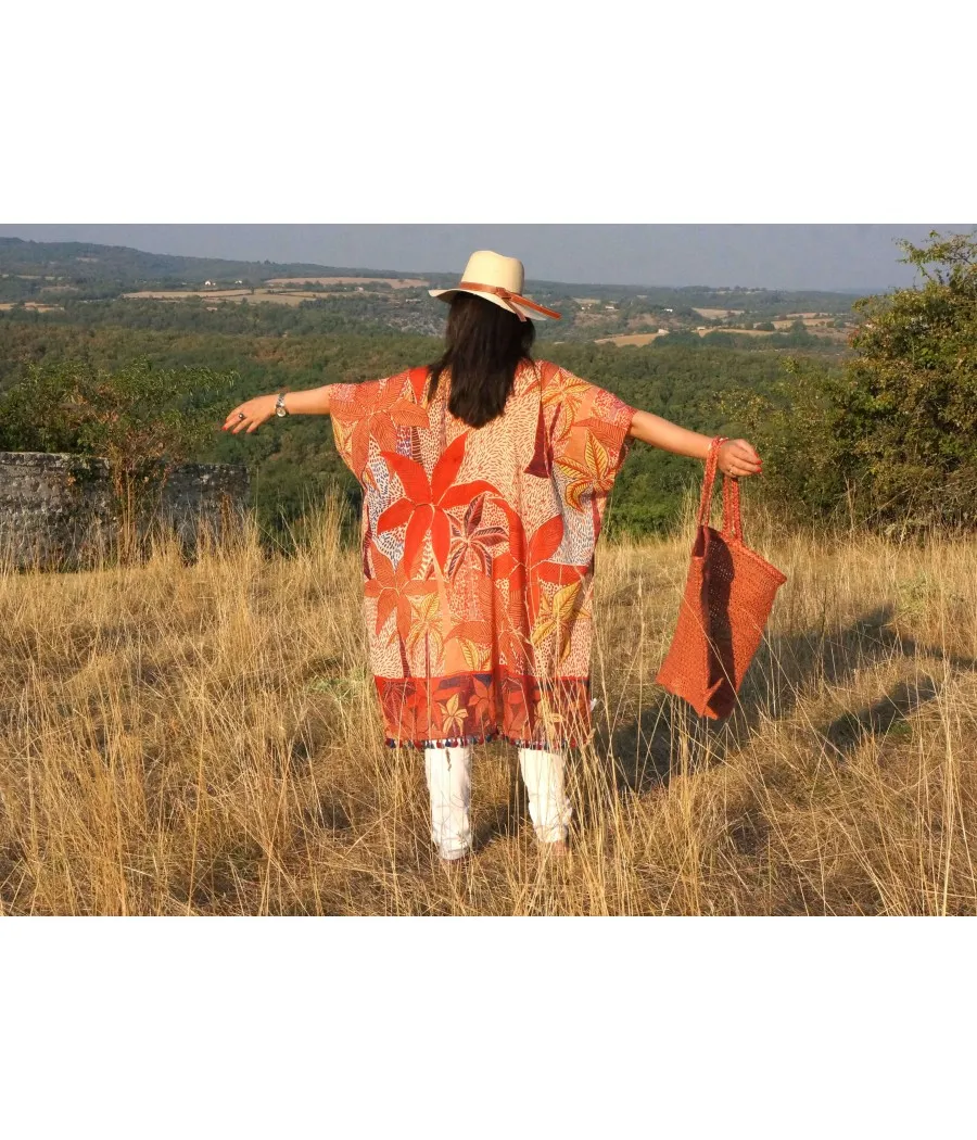 KAFTAN TUNIQUE KIMONO PLAGE FEUILLES PALMIERS SAUMON BOHEME CHIC