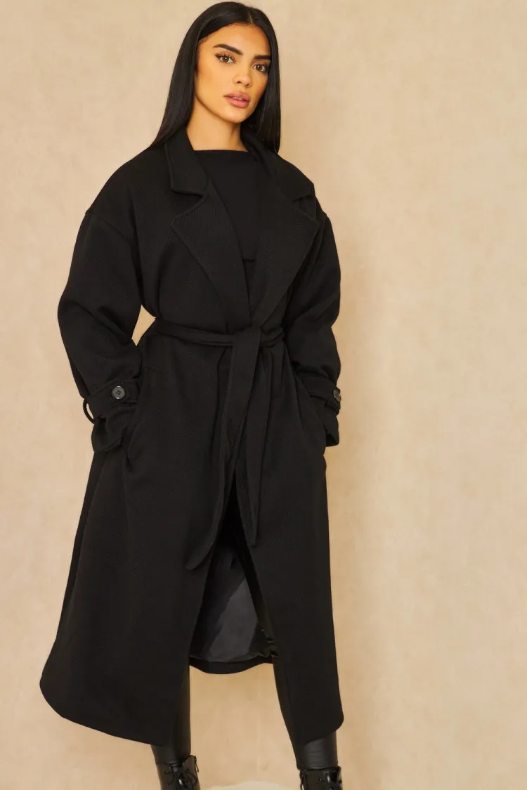 Manteau épais long côtelé style trench noir