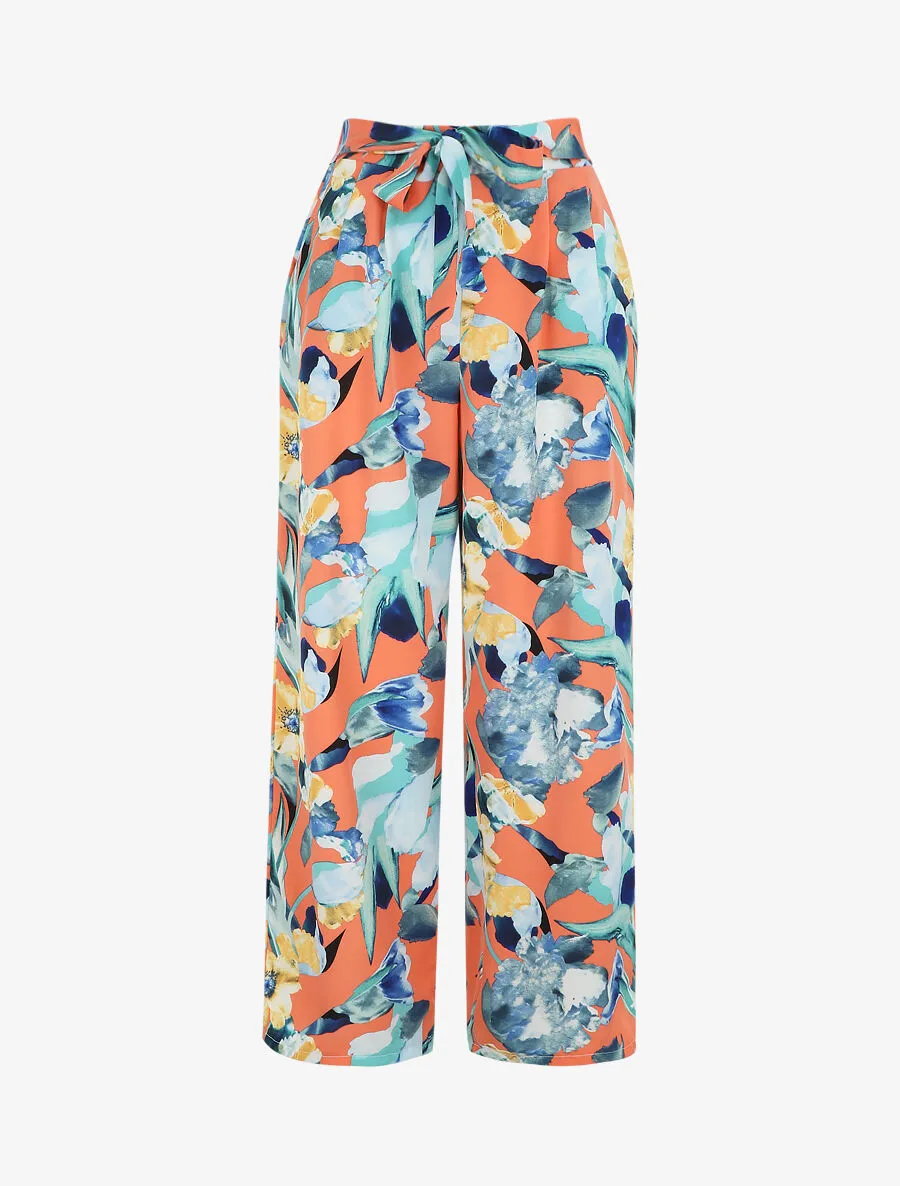 Pantalon ample motif grandes fleurs - Saumon