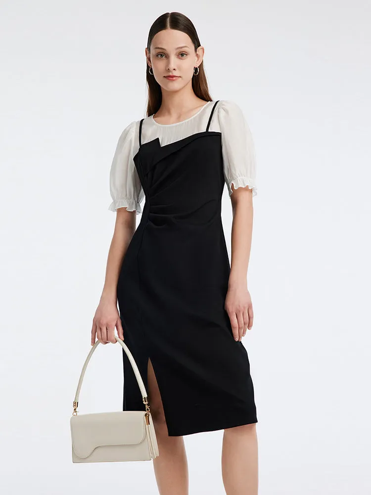 Robe patchwork en maille à manches bouffantes
