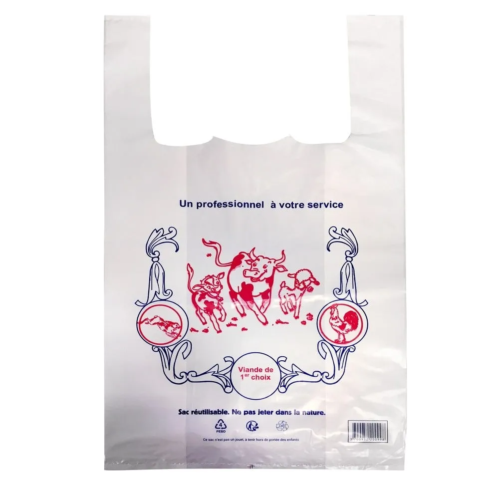 Sac bretelles réutilisable 28+14x48cm bd blanc impression boucherie par 500