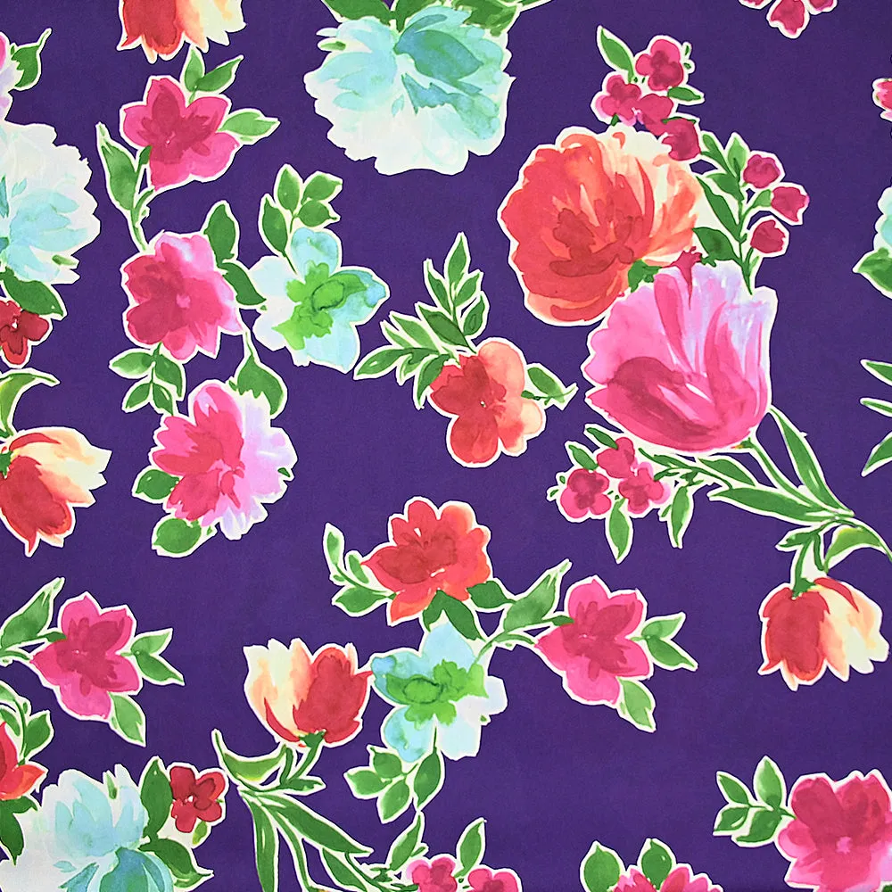 Satin polyester stickers fleurs fond violet