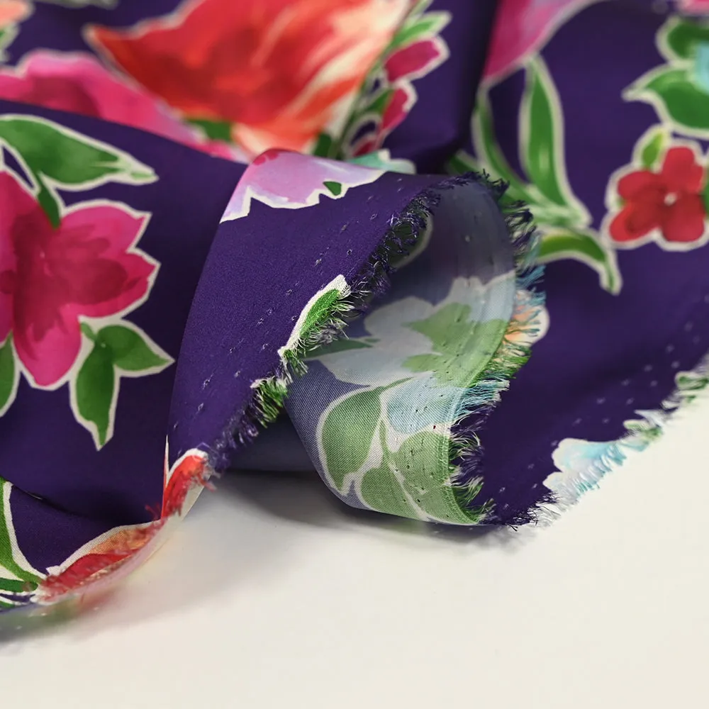 Satin polyester stickers fleurs fond violet