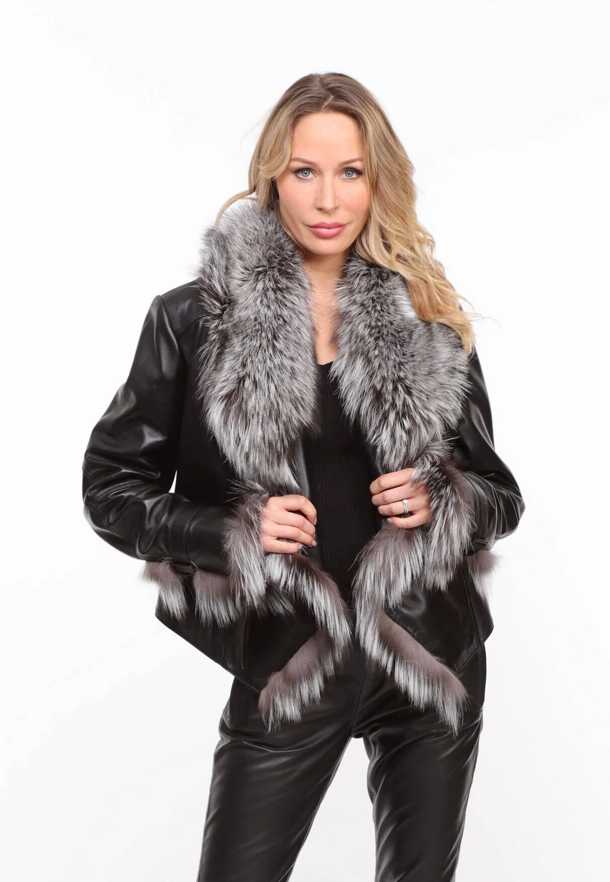 veste cuir + renard femme noir